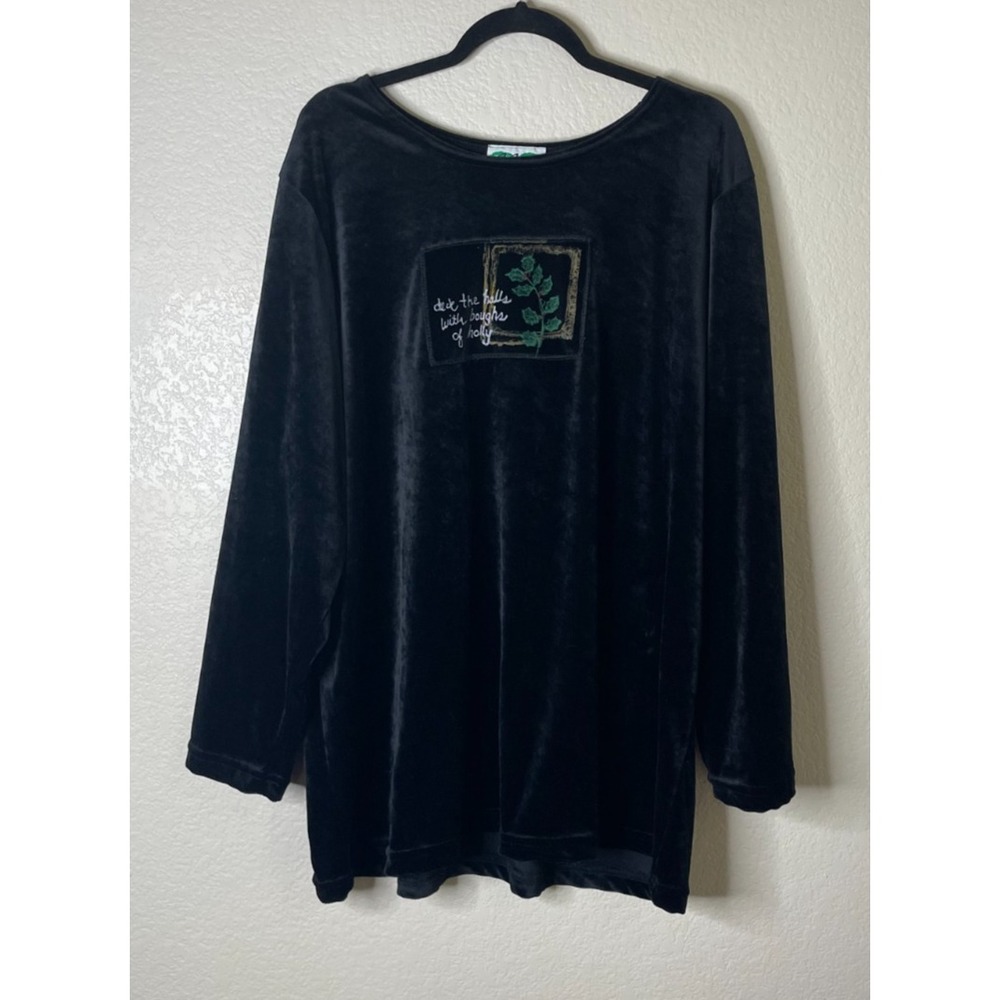 Coconut Bay Womens 2X Top Black Velvet Deck The Halls Holly Holiday Event Casual